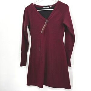 Athleta Burgundy Heathered Wool Blend V Neck Zipper Dress Long Sleeve XS, Winter
